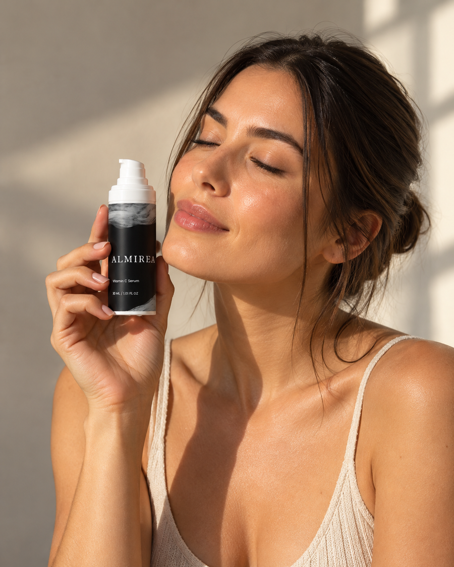 Woman with glowing skin holding the ALMIREA Vitamin C serum