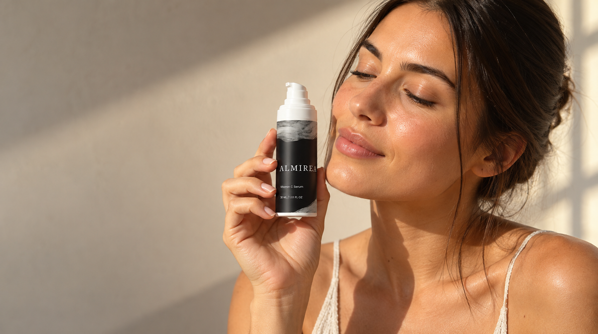 Woman with glowing skin holding the ALMIREA Vitamin C serum